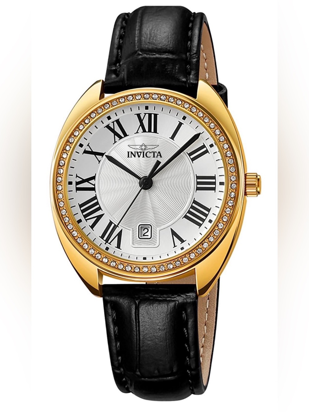 Invicta Gold Case with Black Leather Strap and Silver Dial